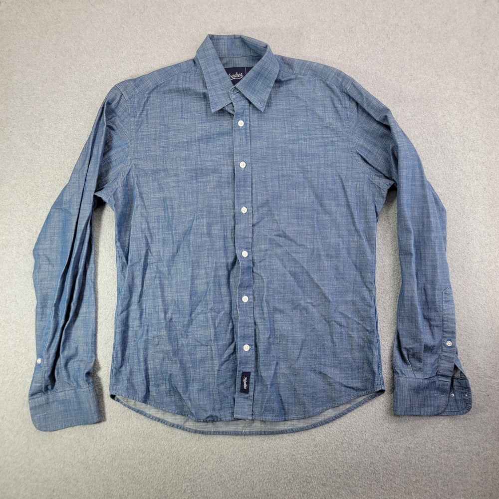 Woodies Shirt Mens M Blue Chambray Long Sleeve Button Front Cotton Casual